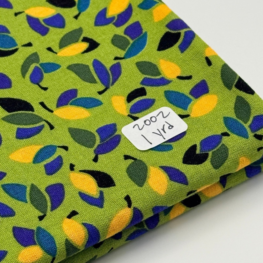 Vintage 2002 Cotton Fabric Leaf Print Green Yellow Blue 1 Yard Sewing Textile